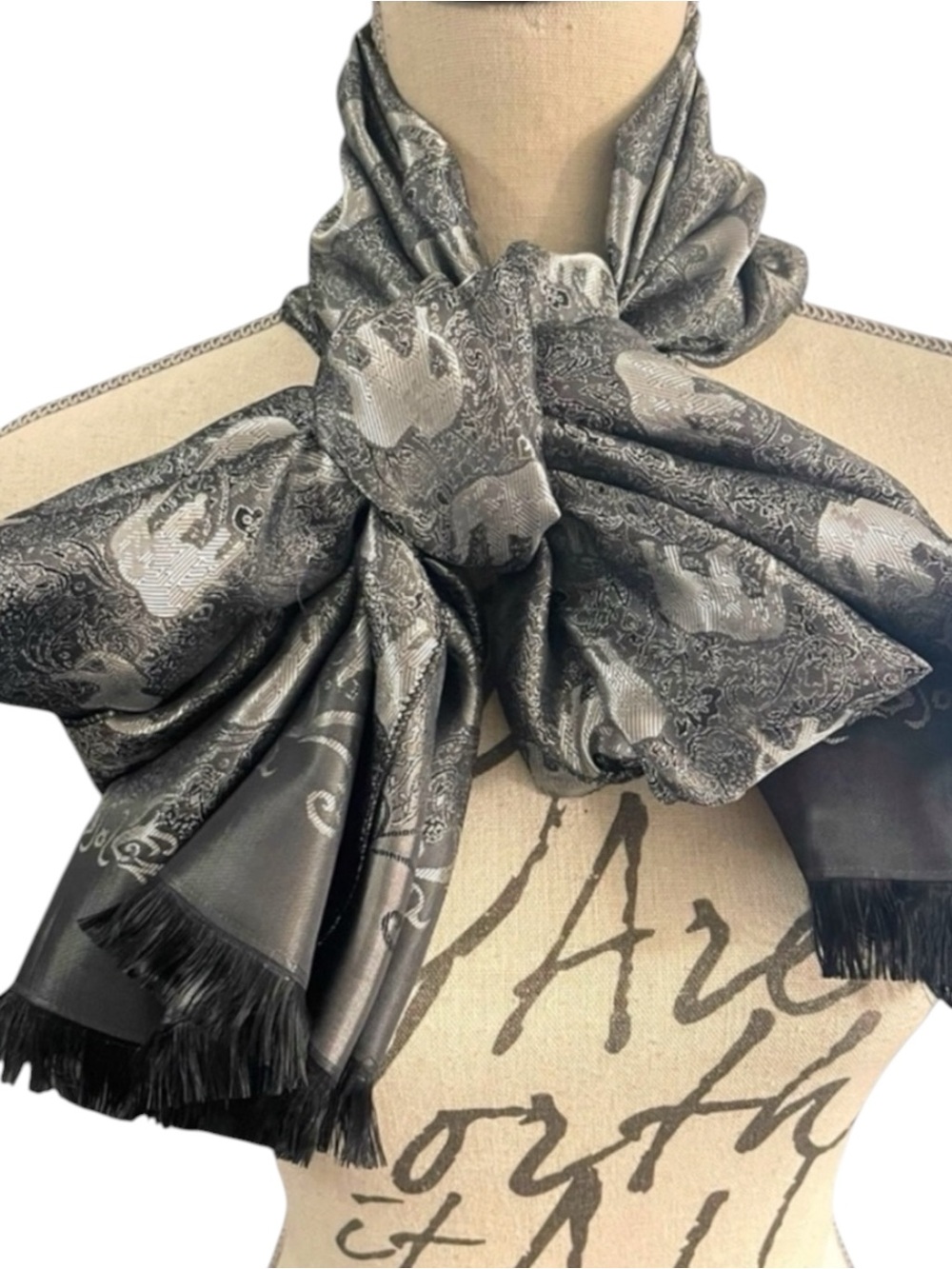 Black/Grey/Silver Fringe Elephant Reversible Silky Scarf Wrap Shawl